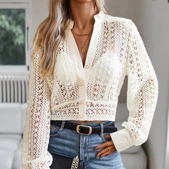 White Preppy Womens Hollow Out Button Front Crop Blouse - Picture 5 of 5